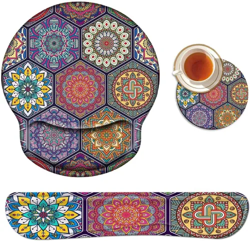 Juego de reposamuñecas de espuma viscoelástica para mouse Mandala colorido.