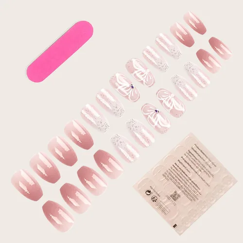 Vista 5 de Uñas postizas medianas con diseño de ataúd SWEKKE a presión, uñas postizas de cobertura completa rosa con diseños de flores, uñas adhesivas