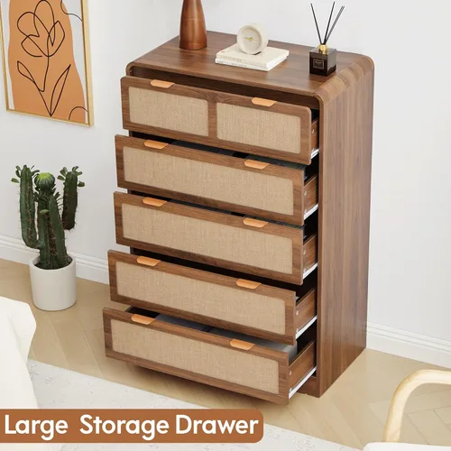 Vista 13 de Cómoda moderna de mediados de siglo para dormitorio con 4 cajones, cómoda de 35 pulgadas de alto con lino natural, cómoda de madera curvada