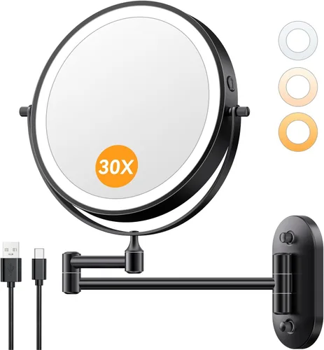 Vista 15 de Espejo de maquillaje iluminado de pared 30X/1X de 10 pulgadas, espejo de aumento de doble cara recargable de 5000 mAh con luz, espejo de tocador LED