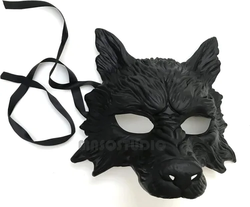 Vista 3 de MasqStudio Máscara de lobo negro, máscara de lobo blanco, máscara de lobos para mascarada, disfraz de Halloween, cosplay, fiesta