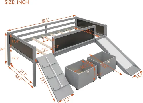 Vista 2 de Harper & Bright Designs Cama tipo loft para niños con tobogán, marco de cama baja de madera de tamaño individual con dos cajas de almacenamiento