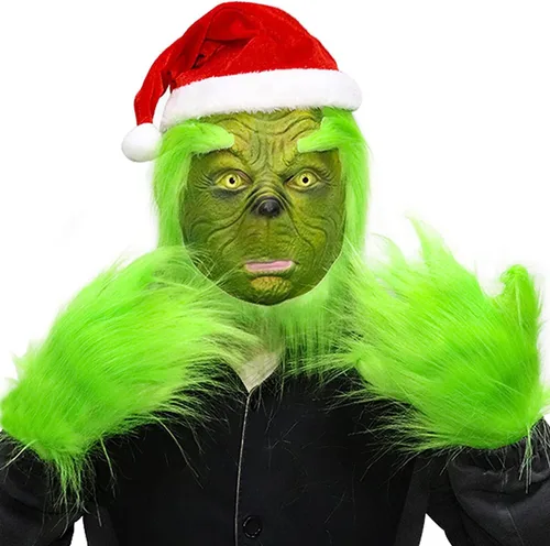 Vista 2 de Hqroidd Máscara de Navidad con sombrero de Papá Noel, guantes de monstruo verde, máscara de cara completa, accesorios de disfraz de Navidad, regalos