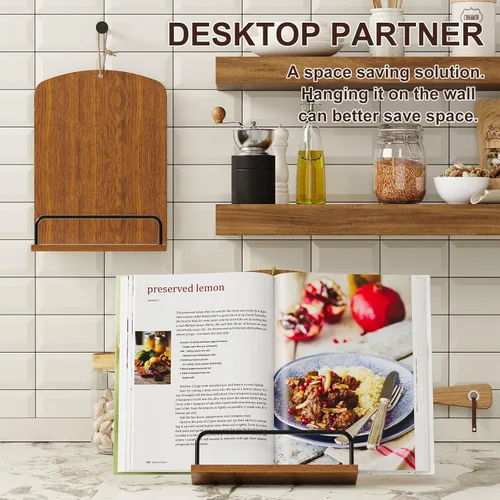 Vista 2 de Soporte de madera para encimera de cocina, soporte para libros de cocina marrón rústico que se adapta a exhibición colgante o de encimera, soporte