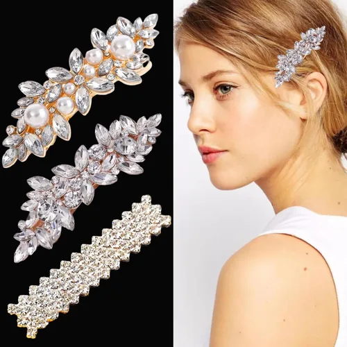 BOYIVI 3 pinzas para el cabello con diamantes de imitación, pasadores para el cabello con flores, perlas de cristal, horquillas francesas, Dorado