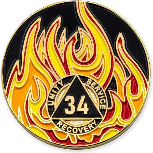 Vista 59 de Medallón de recuperación AA chapado en oro de 1 año Twisted Flames - Negro/Rojo/Naranja/Amarillo