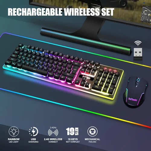 Vista 2 de RedThunder K10 - Combo de teclado y mouse inalámbricos para juegos, batería recargable con retroiluminación LED de 3800 mAh, teclado antighosting