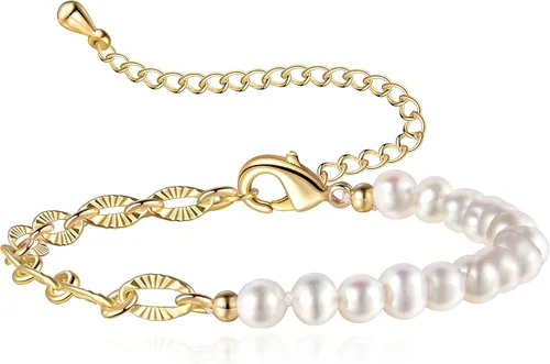 Cowlyn Pearl Bracelet Paperclip Chain Link Baroque Culture Bossimi 14K Gold Filled Colorful Zircon Adjustable Fashion Valentine Charm Dainty