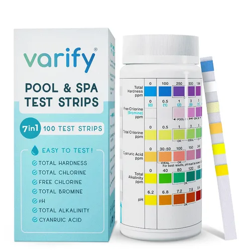 Varify Tiras de prueba 7 en 1 para piscina y spa, kit de prueba de agua fácil de usar para piscina, spa, bañera de hidromasaje y más, tira probadora