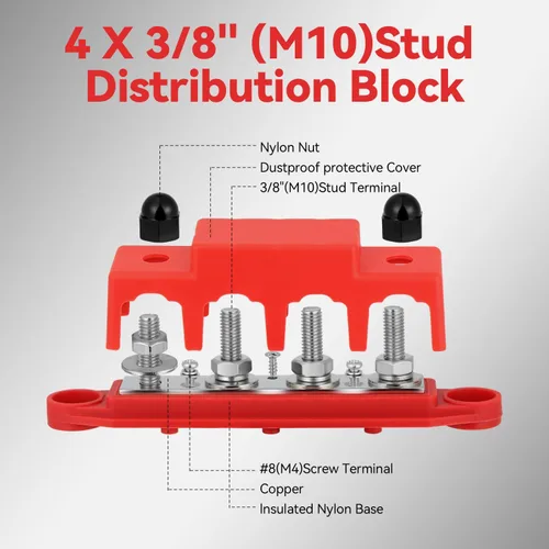 Vista 3 de Heart Horse Bloque de Distribución de Energía Barra Colectora Terminal de Espárrago 3/8'' 4 Postes con Cubierta Clasificación de 250 Amperios