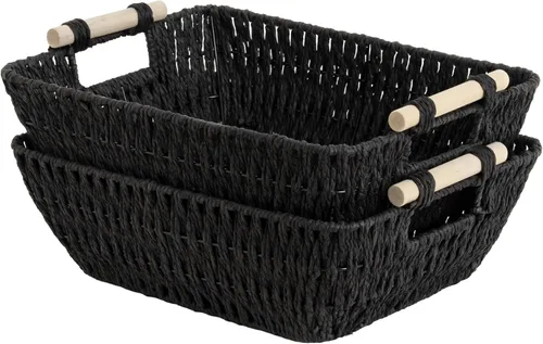 Vista 22 de StorageWorks Cesta redonda tejida de cuerda de papel con asas de madera para regalos, pequeñas cestas de mimbre para estante, beige, paquete de 2
