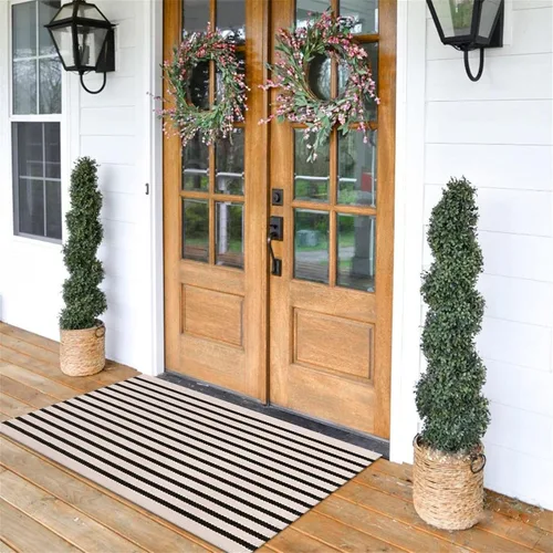 Vista 9 de LEEVAN - Tapete lavable para exteriores a rayas color blanco y negro, tapete para entrada