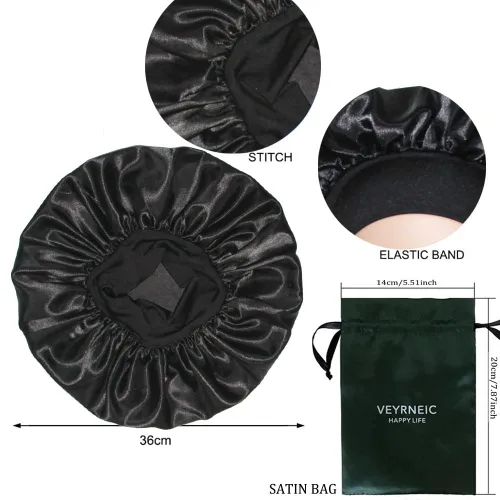 Vista 2 de VEYRNEIC Gorro de satén para el cabello para dormir, gorras de seda para quimioterapia con banda elástica ancha, gorro de dormir para mujeres Negro