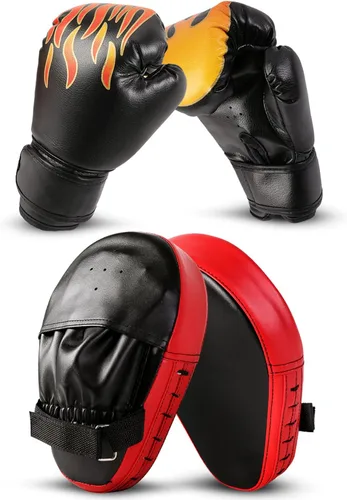 Odoland Juego de guantes de boxeo y guantes de boxeo 2 en 1 para niños, guantes de boxeo, almohadillas de enfoque, guantes de lucha de boxeo