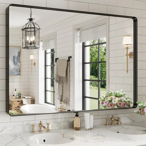 Vista 93 de WEER - Espejo de baño negro para tocador de 20x28 pulgadas, espejo con marco de metal negro mate y forma de rectángulo redondeado para sobre