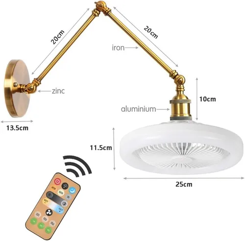 Vista 6 de Industrial Wall Lamp with Socket Fan Bulb, Bladeless 3-Speed Adjustable Fan Sconce, Swing Arm Dimming Led Lighting for Garage, Closet, Kitchen, Gold