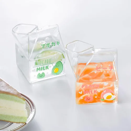 Vista 3 de Vaso de vidrio Kawaii para leche de cartón, recipiente transparente para jarra de leche, para microondas, 12 onzas, 1 unidad (melocotón)