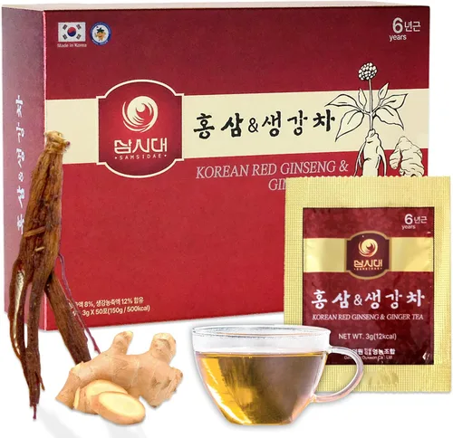 SAMSIDAE Panax Ginseng rojo coreano con té de jengibre, caja de 50 bolsas, apoya la circulación, la energía, la inmunidad y la digestión, sabor suave