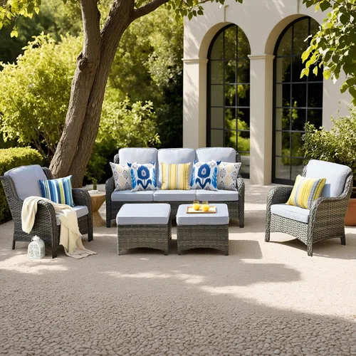 Vista 9 de Juego de muebles de exterior para patio, silla y sofá (ratán marrón, beige, 3 piezas)