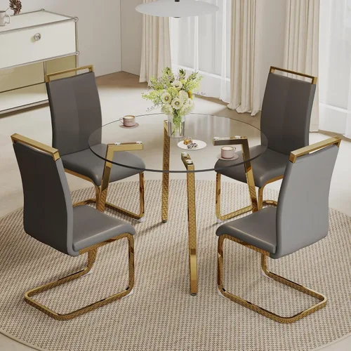 Vista 8 de Juego de mesa de comedor de cristal para 4, mesa rectangular con 4 sillas de cocina de cuero blanco, juego de comedor de cocina de 51 pulgadas, mesa