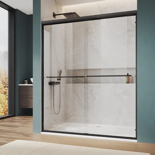Vista 15 de ELEGANT Puerta de ducha de 48" de ancho x 72" de alto, puertas de ducha correderas bypass semi sin marco, vidrio transparente de 1/4", acabado negro