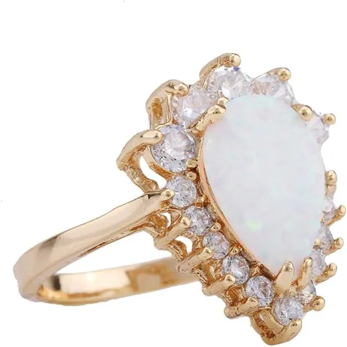 Vista 4 de ZIS Nuevo diseño blanco ópalo de fuego gota de agua 18K chapado en oro CZ piedra anillos de compromiso (8)
