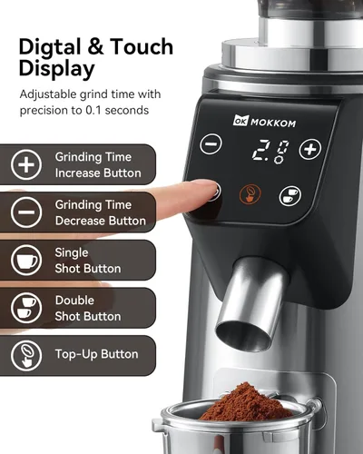 Vista 6 de MOKKOM Molinillo de café profesional de rebabas planas de 64mm con 100 ajustes de molienda, cuerpo de acero inoxidable totalmente metálico