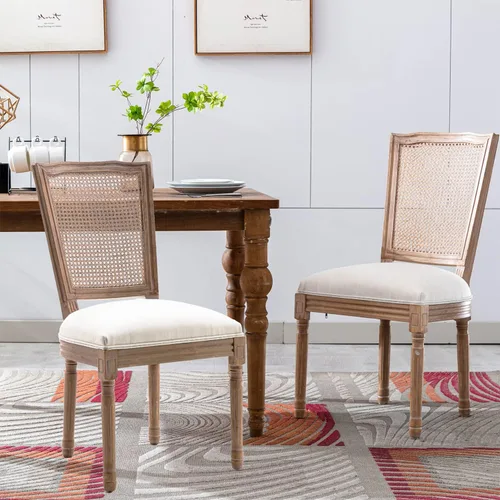 Vista 31 de Nrizc - Juego de 4 sillas de comedor de estilo francés rústico, sillas de tela de granja con respaldo redondo, silla de comedor de ratán, sillas