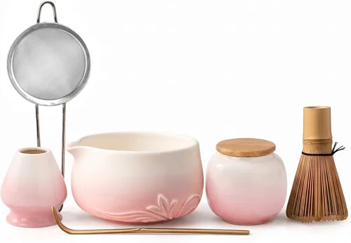 Juego de batidor de matcha de 18 onzas, juego de 8 piezas, matcha de ceremonia japonesa, juego de matcha premium y más grande, incluye cuenco de Rosa