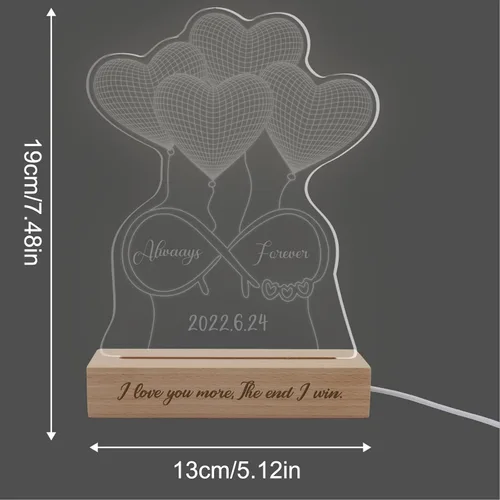 Vista 2 de Luz nocturna de ilusión 3D personalizada, lámpara de nombre personalizada, placa de luz acrílica con corazón LED, soporte grabado de madera
