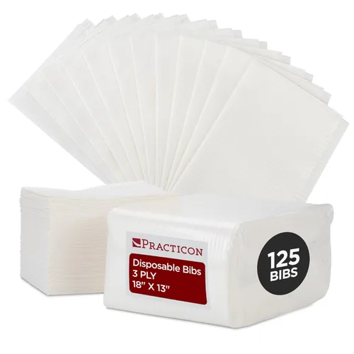 Vista 8 de Practicon Paquete de 125 Baberos Desechables Negros para Pacientes, 18" x 13", Hoja de Babero de Papel Impermeable de 3 Capas con Respaldo