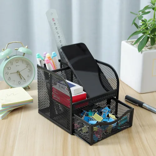 Vista 5 de Multifunctional Desk Pen Organisers Space Saving Desk Organisers With Sliding Drawer Metal Pen Remote Control Holder Metal