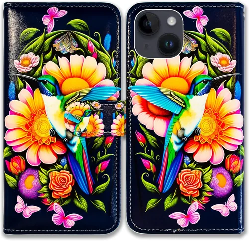 Vista 32 de Bcov Funda para iPhone 15, diseño de pájaro negro y verde con tapa para teléfono, con ranura para tarjetas, soporte para iPhone 15