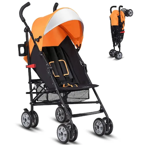 Vista 10 de HONEY JOY Cochecito ligero para bebé, cochecito de viaje compacto para avión, respaldo y toldo ajustables, arnés de 5 puntos, soporte para vasos