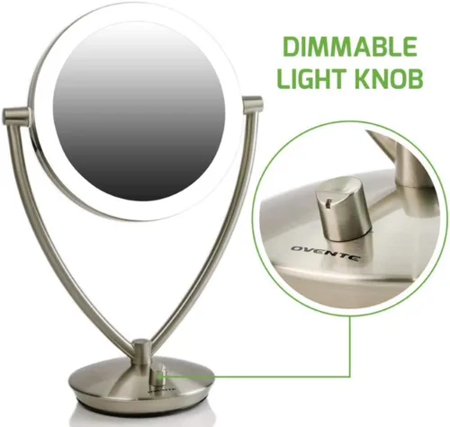 Vista 9 de Ovente Espejo de maquillaje con luz LED, tablero de mesa de 7.5 pulgadas, 1 lupa 5X, círculo ajustable iluminado regulable de 360 grados, borde