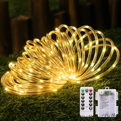 Vista 19 de JMEXSUSS Cuerda de luces LED de 100 luces LED que funcionan con pilas, resistente al agua, 33 pies, 8 modos, luces de batería al aire libre