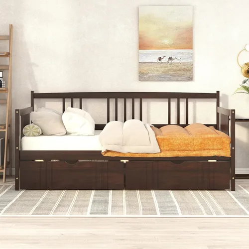 Vista 27 de Merax Sofá cama de madera con 2 cajones, soporte de listones de madera, sofá cama con marco de madera de tamaño individual, color blanco