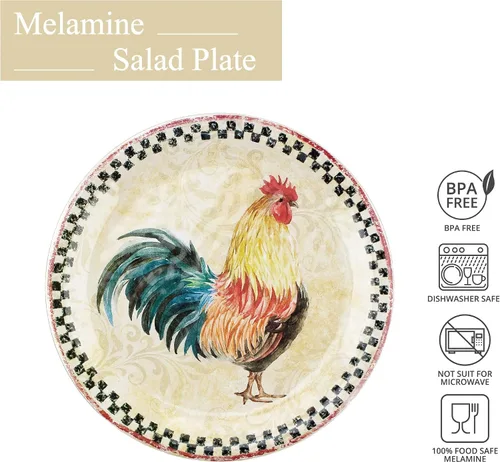 Vista 2 de UP ware Country Rooster - Juego de platos de ensalada de melamina con borde negro a cuadros para risotto, pasta y ensalada, sin BPA, aptos