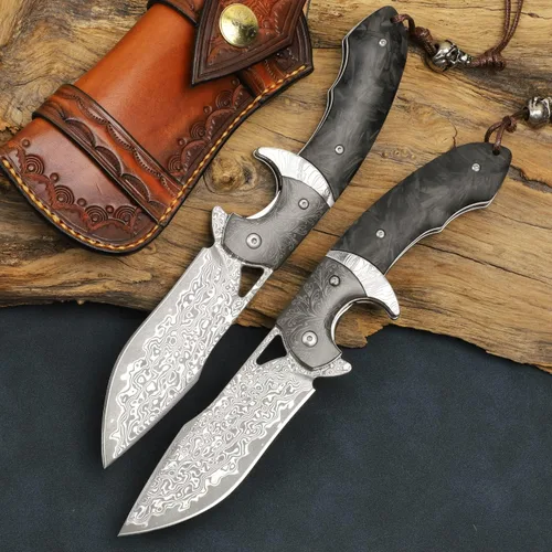 Vista 5 de Cuchillo plegable de acero de Damasco hecho a mano con estuche de cuero, hoja de núcleo de acero VG10 de 3.8 pulgadas, rodamientos de bolas de acero