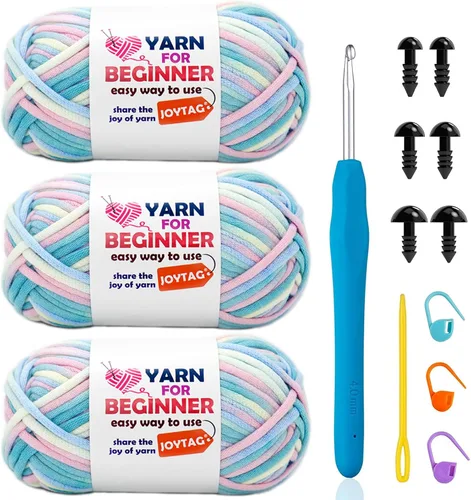 Vista 55 de Hilo de Ganchillo para Principiantes Verde Manzana Hilo de Algodón para Tejer y Tejido - Kit de Ganchillo para Principiantes - 3 * 50g