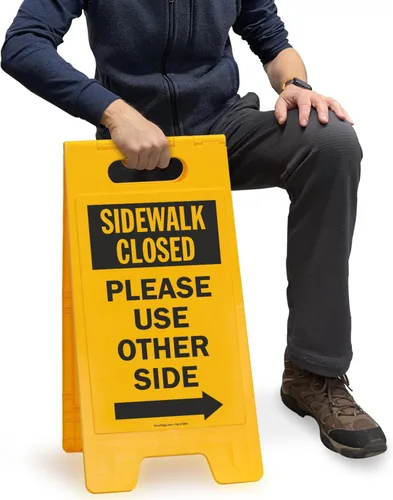 Vista 5 de SmartSign 25 x 12 inch “Sidewalk Closed - Please Use Other Side with Right Arrow” Two-Sided Folding Floor Sign, Plastic, Black and Yellow