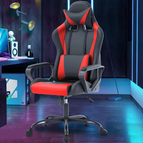 Vista 2 de PayLessHere Silla de escritorio ergonómica estilo carreras para juegos, silla de computadora con reposabrazos, giratoria 360° y ruedas, de cuero Rojo