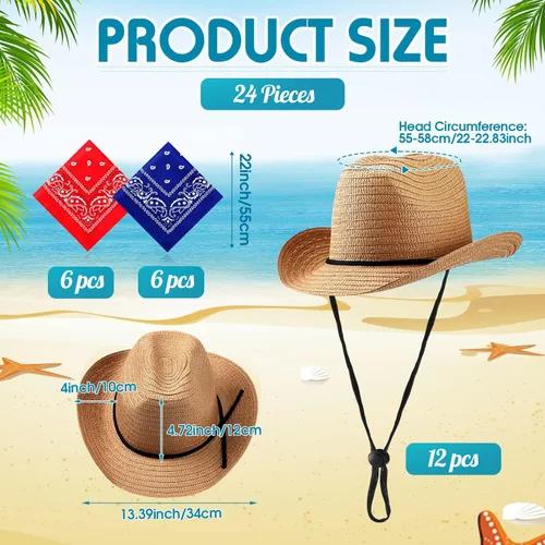 Vista 2 de SATINIOR 12 Set Straw Cowboy Hats & Bandanas - Cowboy Party Hat Costume with Head Bandana