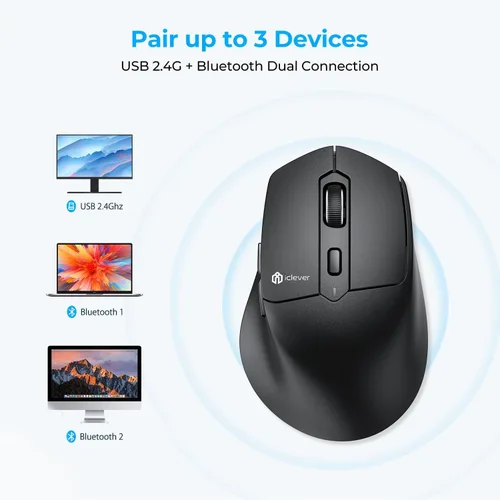 Vista 2 de iClever MD360 - Ratón Bluetooth para laptop, mouse inalámbrico multidispositivo (Bluetooth y 2.4G) con jiggler, recargable, 4 DPI ajustable, 6