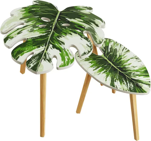 Vista 9 de BAMEOS Mesa auxiliar triangular anidable de bambú, juego de 2 mesas auxiliares modernas minimalistas para sala de estar, balcón en blanco y gris