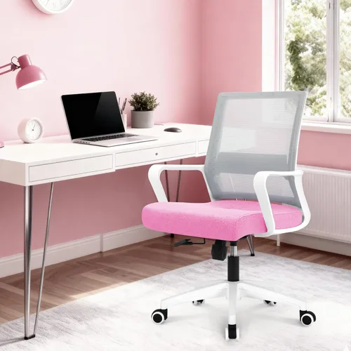 Vista 7 de NEO CHAIR Silla de oficina para videojuegos, silla de computadora ergonómica de malla con respaldo medio con ruedas, soporte lumbar, cómoda, Rosa