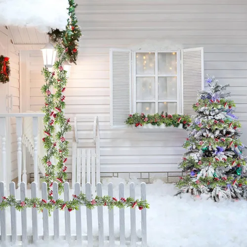 Vista 7 de Guirnalda de luces artificiales de Navidad de 5.9 pies con 162 bayas rojas nevadas, 55 hojas verdes, 20 luces LED, funciona con pilas para 1 paquete