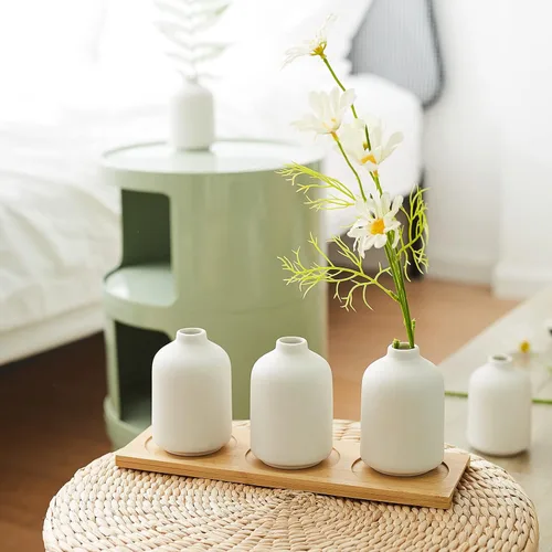 Vista 5 de Juego de 6 jarrones pequeños de cerámica blanca para decoración, jarrones bohemios para flores secas, jarrones de cerámica blanca de 4.1 pulgadas