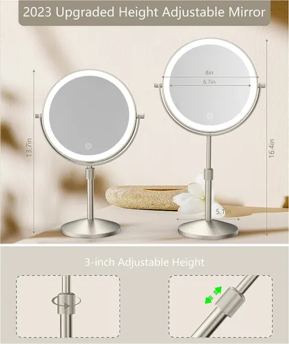Vista 2 de Espejo de maquillaje iluminado de 8 pulgadas, aumento 1X/10X con luz, regulable de doble cara, recargable, brillo y altura ajustable, tocador Níquel