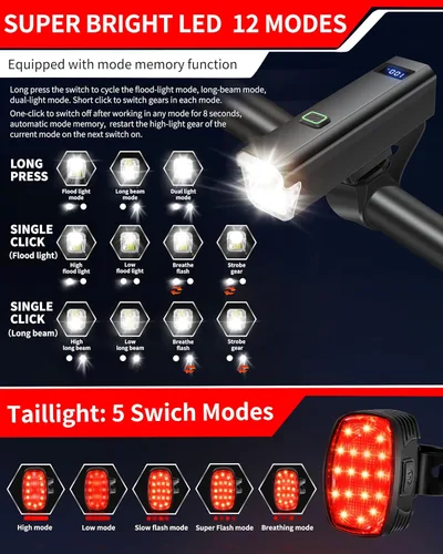 Vista 3 de DARKBEAM 6000LM Bike Headlight USB- C Rechargeable, High Lumen Super Bright Bike Light Set for Night Riding, 12+5 Modes Waterproof Bicycle Lights